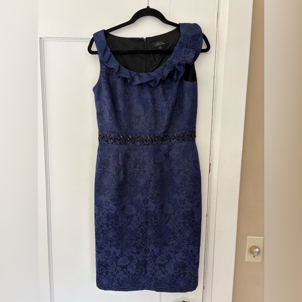 Tahari Navy Blue brocade ruffle dress